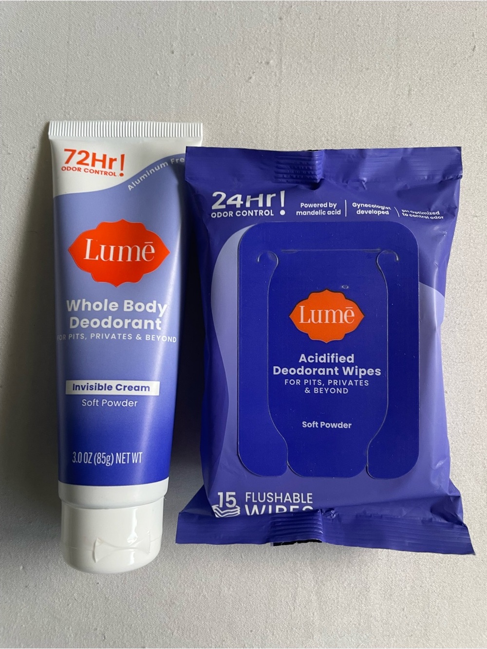 Lume Deodorant Combo Pack — Body Cream & Acidified Wipes - Soft Powder